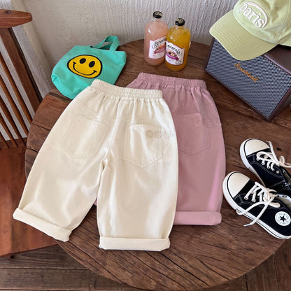 Children's clothing and pants 2024 summer new boys' solid color embroidered trendy shorts children's versatile casual cropped pants