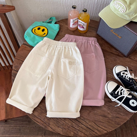 Children's clothing and pants 2024 summer new boys' solid color embroidered trendy shorts children's versatile casual cropped pants