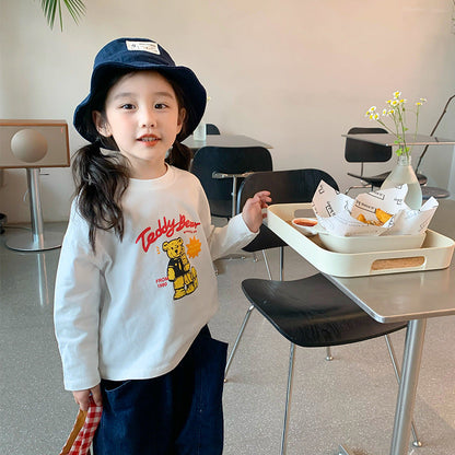 Korean children's clothing 2023 autumn new boys and girls Korean version cute bear long-sleeved T-shirt versatile cotton bottoming shirt