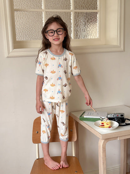 Elmo Beibei Children's 2024 Summer Keng Strip Cotton Clothes Home Set Children's Large Class A Cartoon Pajamas Two-piece Trendy Set