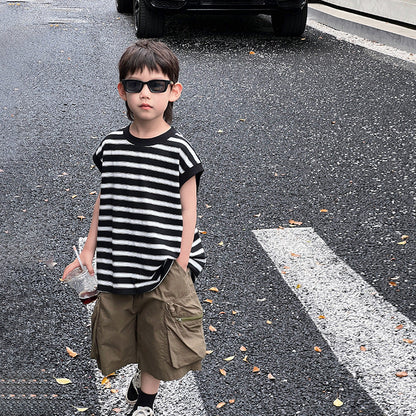 Children's summer clothes boys short-sleeved T-shirt sleeveless vest outer wear 2024 summer new baby loose striped top 5