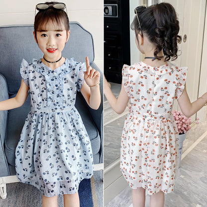 Girls summer chiffon dress 2024 new Korean version children's summer vest dress Western style big children's floral dress