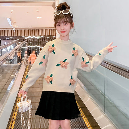 2024 Autumn and Winter Girls Flower Sweater Pullover Bottoming Shirt Outer Wear Sweater Korean Style Knitted Sweater Middle and Large Children Students