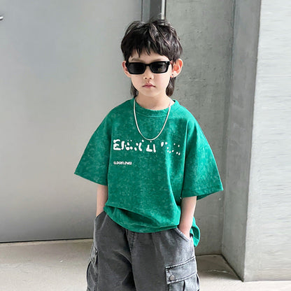 Children's short-sleeved T-shirts boys summer clothes for middle and large children round neck tops 2024 summer new style little boy handsome clothes 5