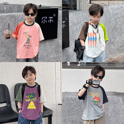 Amo Beibei 2024 summer children's fine cotton tops for boys and girls Korean version of color matching cartoon raglan short-sleeved T-shirt trend