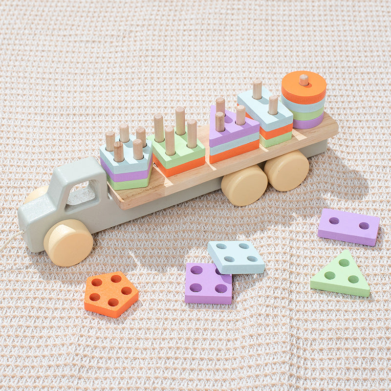 Children's early childhood education Montessori wooden two-in-one macaron shape matching set column drag train educational toy