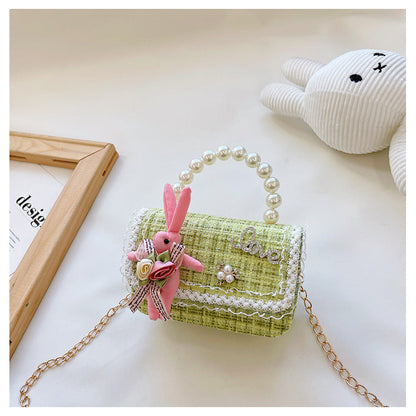 Children's pearl handbag 2024 new cotton and linen small square bag fashionable and cute girls decorative bag messenger bag 