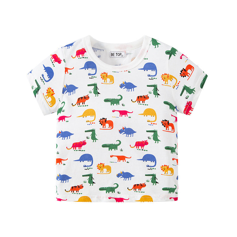 betop children's clothing 2024 summer new children's clothing children's full print dinosaur short-sleeved baby tops short-sleeved T-shirts