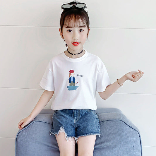 Girls short-sleeved T-shirt 2024 summer new style for middle and large children cartoon print round neck T-shirt sports cotton T top