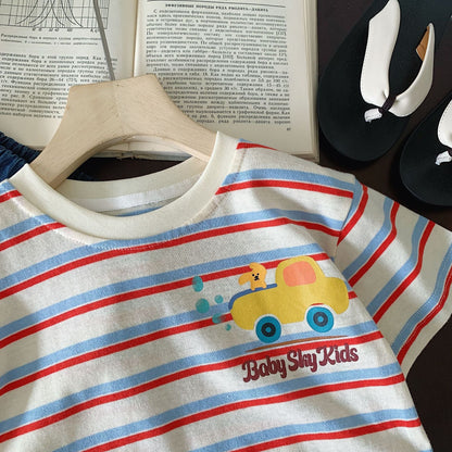 Children's T-shirt Bangcheng 2024 summer children's clothing colorful striped short T-shirt boy short-sleeved cartoon top G0267