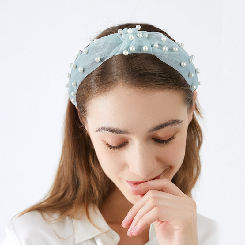 2021 New European and American Headband Women's French Nail Pearl Knotted Head Buckle Versatile Mesh Lace Wide-edge Headband Hair Cave