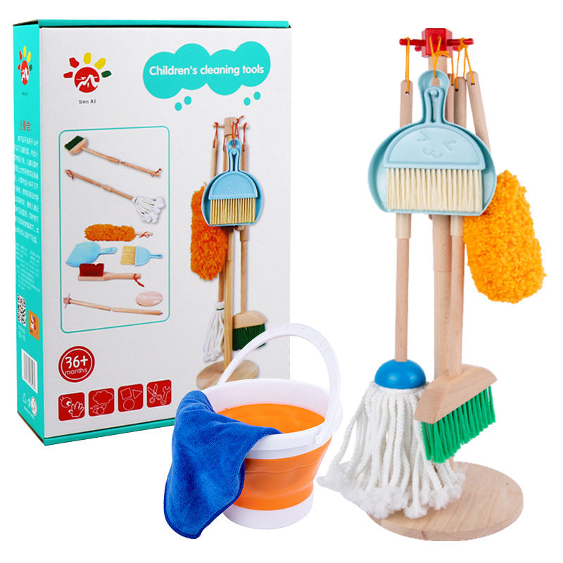 Children's wooden simulation cleaning set early childhood fun broom sweeping mopping cleaning tools play house toys