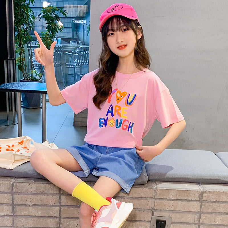 2024 Summer Girls Short-sleeved T-shirts for Middle and Large Children Loose Letter Casual Tops Trendy Children's Summer Clothes