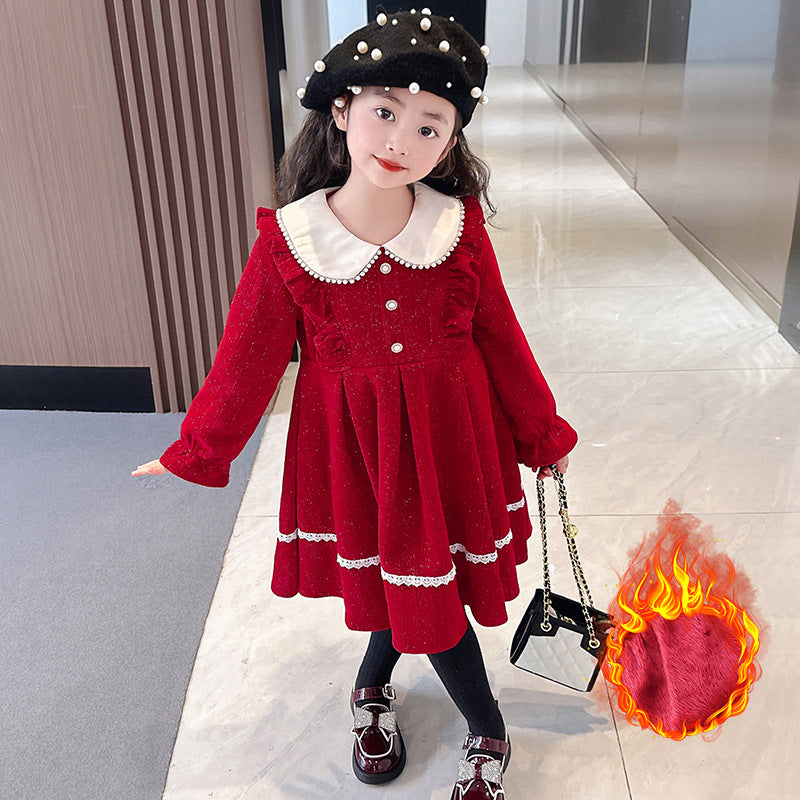 Girls baby 2024 New Year dress New Year dress plus velvet thick skirt flower girl performance show red warm