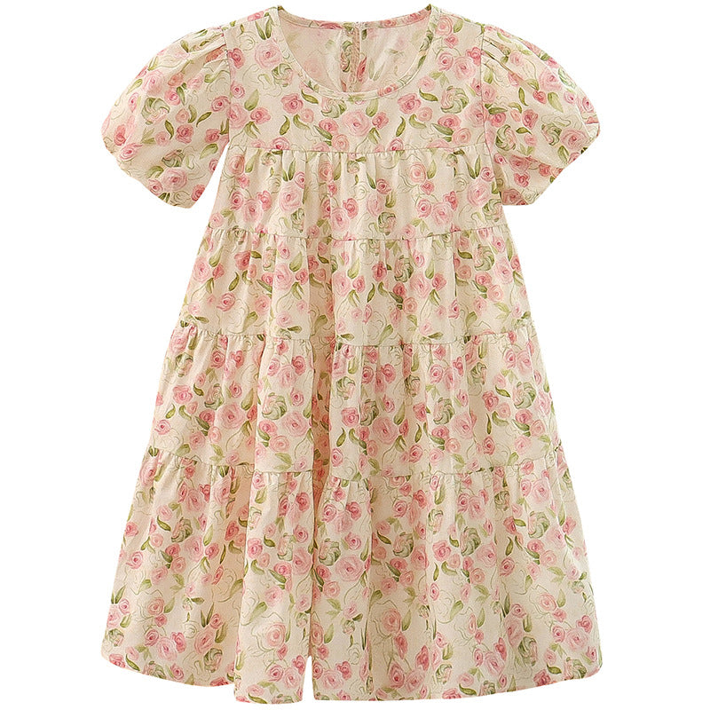 Girls Summer Cotton Floral Dress French Puff Sleeve Rose Loose Fat Cotton Doll Style Oil Painting Style