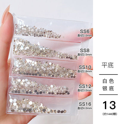 Nail jewelry wholesale 6-grid bagged rhinestones AB diamonds colored diamonds glass diamonds super flash flat bottom diamonds mixed colorful silver bottom