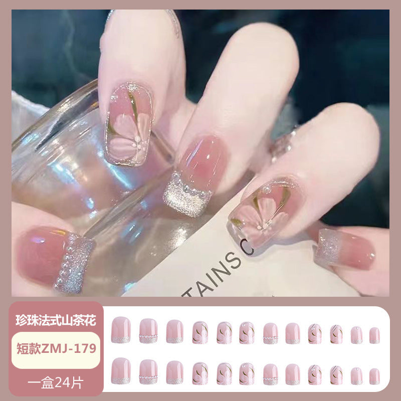 Wearable nail tips wholesale medium and long ice transparent oolong gradient peach nail art finished nail stickers false nails