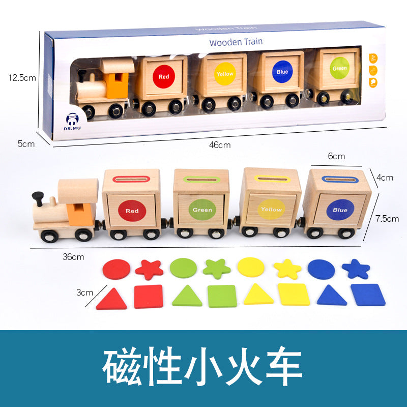 Montessori children's wooden magnetic geometric shape recognition color classification pull train early education educational toys