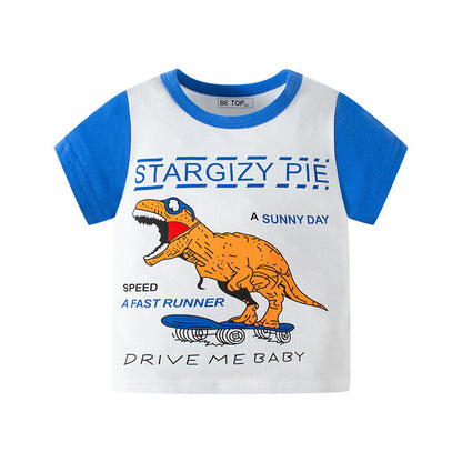 Children's short-sleeved cartoon new dinosaur pattern sleeve baby boy T-shirt Korean version sweater INS children's clothing wholesale