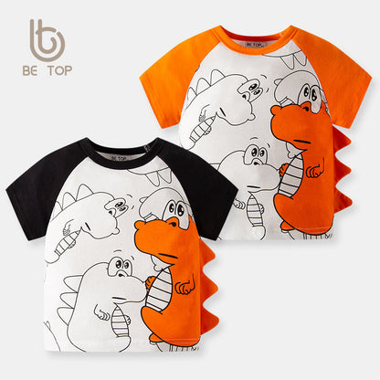 Korean version of the new children's short-sleeved cartoon color matching sleeves boy T-shirt horn sleeves pure cotton baby cartoon children's clothing batch