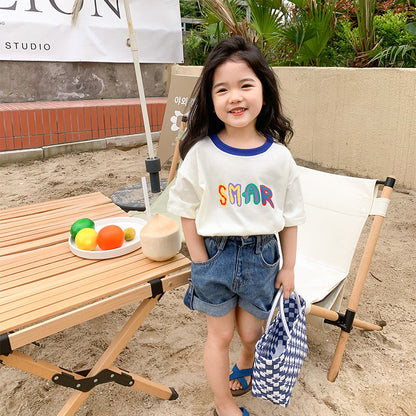 2024 summer new children's clothing boys and girls colorful letter short-sleeved T-shirts Korean version children's small and medium children's fashionable tops