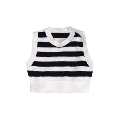 2021 Spring New Korean Children's Vest Version Boys and Girls Black and White Striped Sweater Vest Round Neck Knitted Top Trend