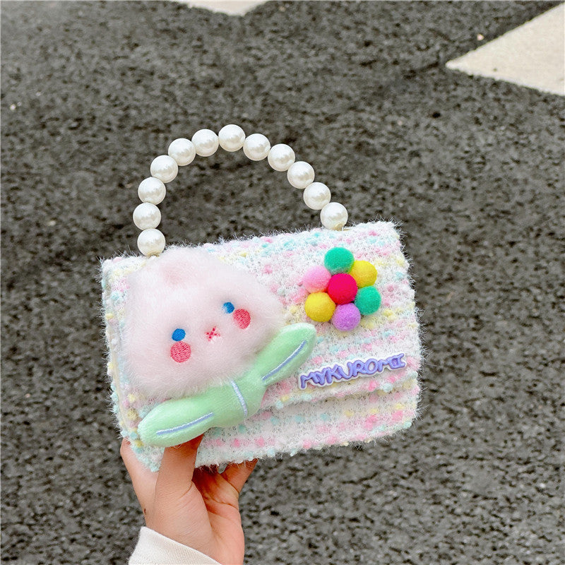 Cartoon cute children's small square bag fashionable pearl handbag versatile girl stylish chain shoulder crossbody backpack