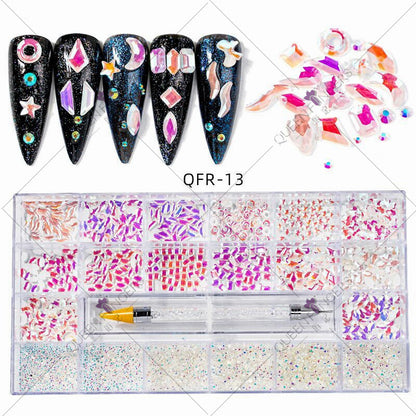 Nail art diamond jewelry 21-grid flat-bottomed special-shaped diamonds of different sizes mixed nail art diamonds special-shaped glass diamonds DIY accessories set