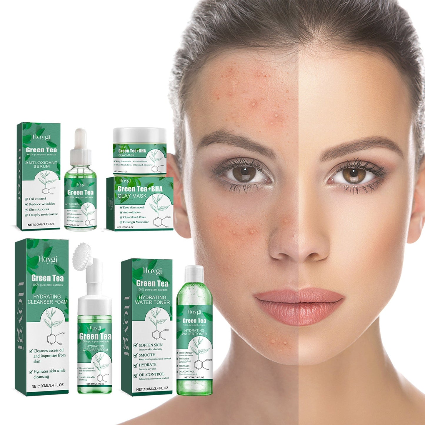 Hoygi Green Tea Moisturizing Series Deep Cleansing Facial Softening Skin Whitening Skin Hydrating Anti-Wrinkle Essence 