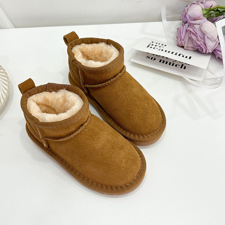 Amo Beibei children's winter mid-calf boots for boys and girls imitation wool one-piece velvet cowhide warm snow boots trend