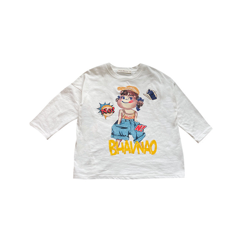 Korean children's clothing 2023 spring and summer boys and girls cartoon print long-sleeved bottoming shirts for small and medium-sized children's Fujiya T-shirts