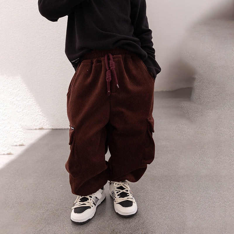 Amo Baby Boys 2023 Thickened Plush Trousers Baby Handsome Corduroy + Aoliang Velvet Warm Overalls