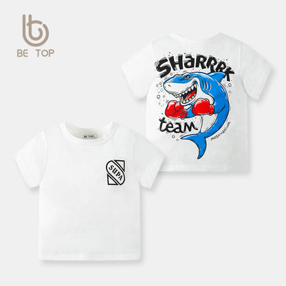 2024 Summer New Children's Cartoon Shark Printed Short Sleeve T-shirt Boys Sweatshirt Half Sleeve Manufacturer One Piece Dropshipping