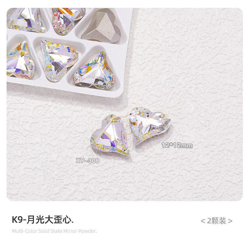 Nail art diamond jewelry wholesale K9 white moonlight blue high quality shiny multi-faceted pointed bottom love fat square axe diamond