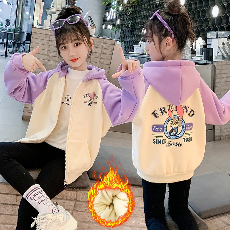 Girls 2024 Winter Plus Velvet Thickened Jacket Zipper Cardigan Hooded Polar Fleece Contrast Color Sports Fat Lambswool Warm