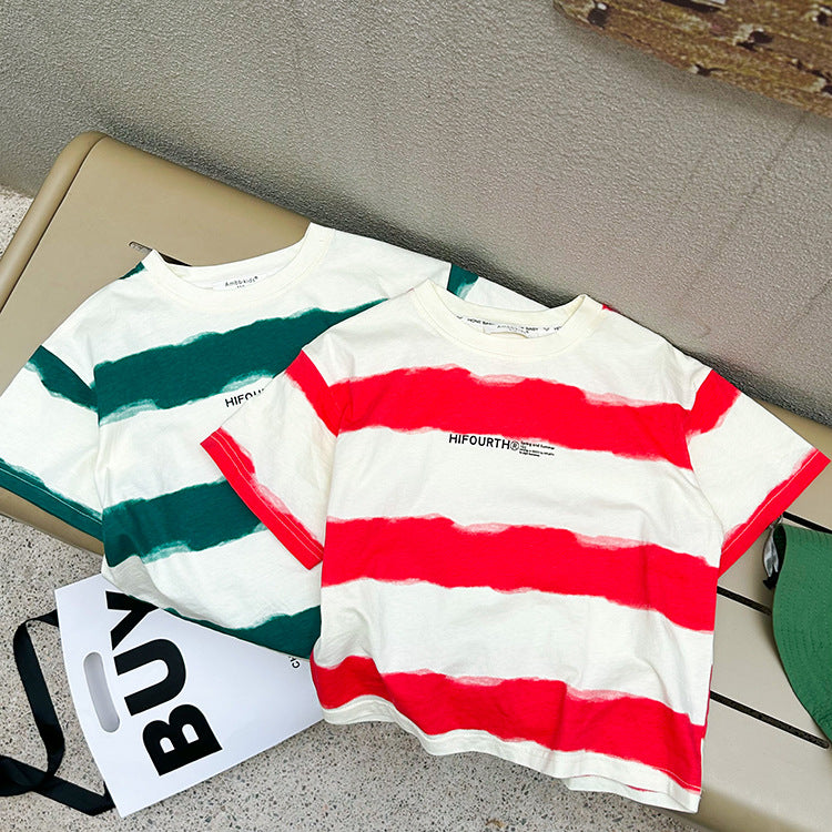 Amo Beibei 2024 summer children's tops boys handsome striped letter short-sleeved T-shirt baby loose bottom