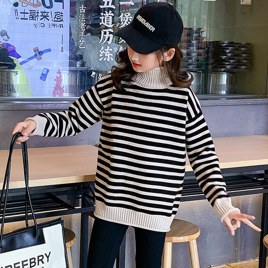 Girls sweater pullover 2024 new children's winter striped bottoming tops winter spring and autumn girls outer wear knitted sweaters