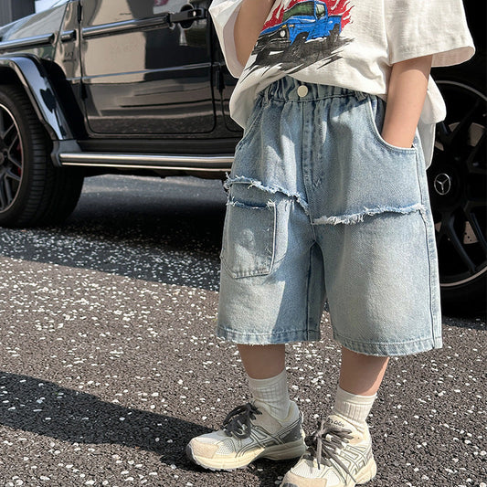 Boys denim shorts children's pants summer style medium and large children 2024 summer new style little boy loose shorts trend