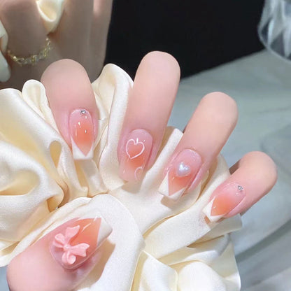 Wearable nail tips wholesale medium and long ice transparent oolong gradient peach nail art finished nail stickers false nails