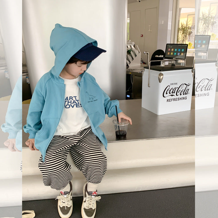 Children's pants for boys and girls 2023 spring new Korean version striped sweatpants baby big pocket loose cuff trousers