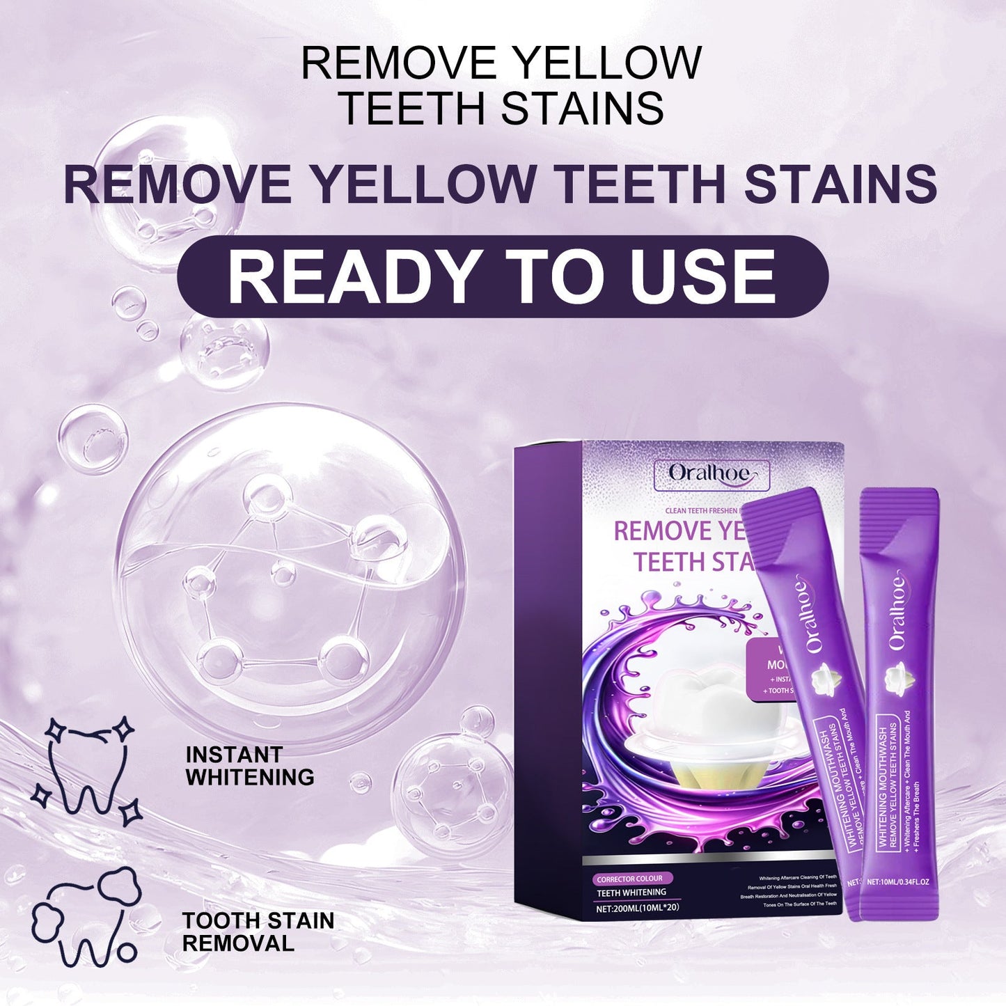 ORALHOE purple whitening mouthwash teeth cleaning yellow teeth stains whitening fresh breath oral care 