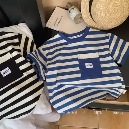 Children's T-shirt 2023 Bangcheng summer style boys and small children classic striped pocket short-sleeved T-shirt pullover top F0079