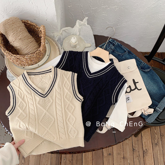 Children's vest Bangcheng 2024 spring children's clothing boys' V-neck vest knitted striped stylish sweater trend MY0006