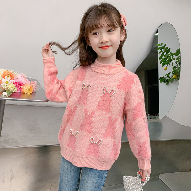 Girls winter sweater thickened little rabbit warm Korean cartoon net red stylish pullover sweater elastic medium and large children