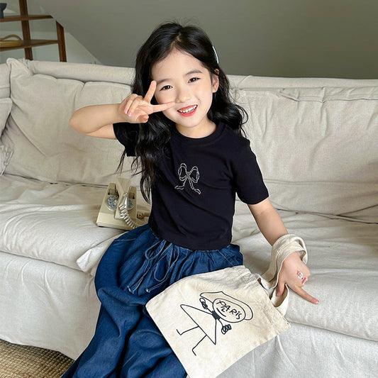 2024 Spring and Summer New Korean Version Small and Medium-sized Children Girls Bowknot Hot Diamond Short-sleeved T-shirt Short Style Ins Sweet Girl Top Trend