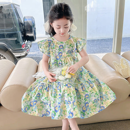 Girls summer cotton dress floral elementary school students kindergarten middle and large children pure cotton skirt ruffled vest skirt