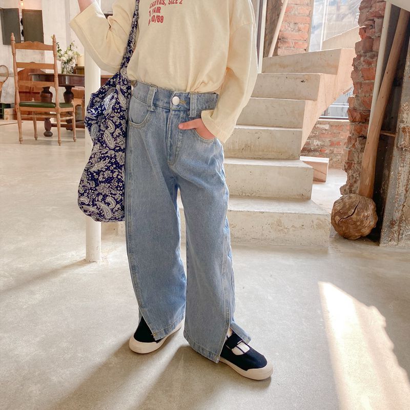 024 spring and autumn clothing for children and middle-aged children, new Korean style girls' jeans, children's straight slit jeans, fashionable trousers