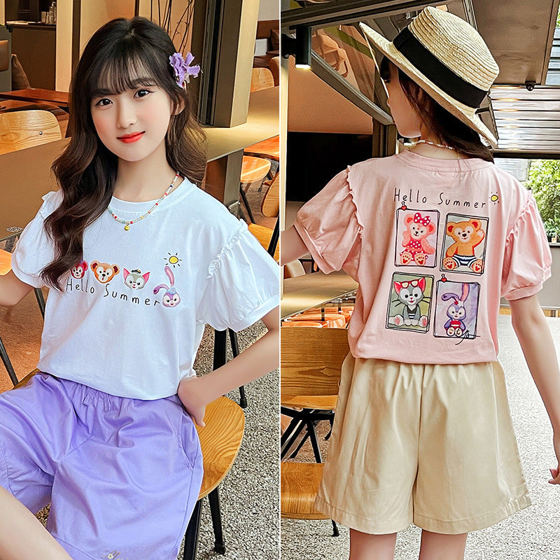 Girls summer short-sleeved T-shirt with cotton earrings and fragrant elastic for middle and large children, primary and junior high school students, fat cartoon trend