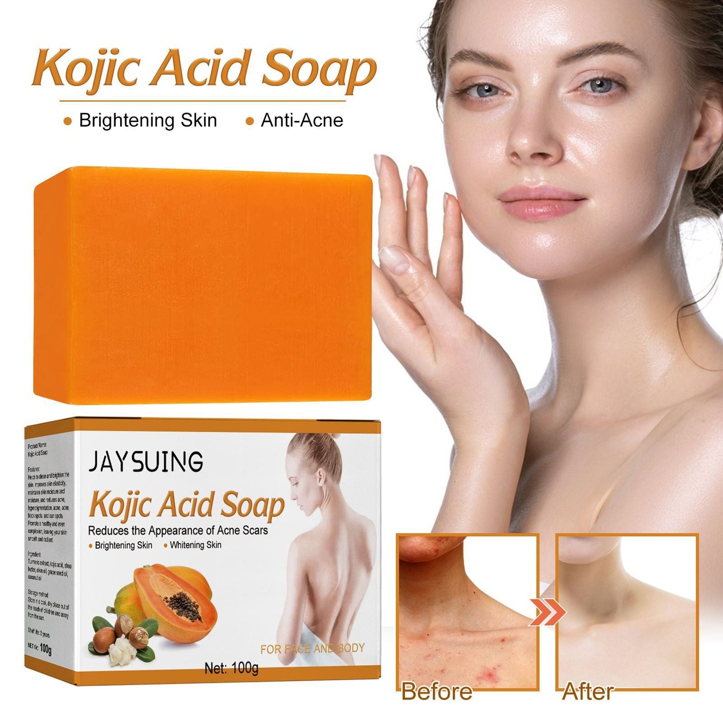 Jaysuing Kojic Acid Soap ធ្វើអោយស្បែកភ្លឺថ្លា បំបាត់ស្នាម សម្អាតយ៉ាងជ្រៅ ធ្វើអោយស្បែកទន់រលោង បំបាត់ស្នាម សាប៊ូថែរក្សាស្បែក 