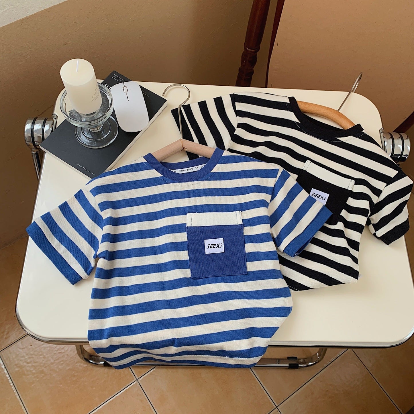 Children's T-shirt 2023 Bangcheng summer style boys and small children classic striped pocket short-sleeved T-shirt pullover top F0079